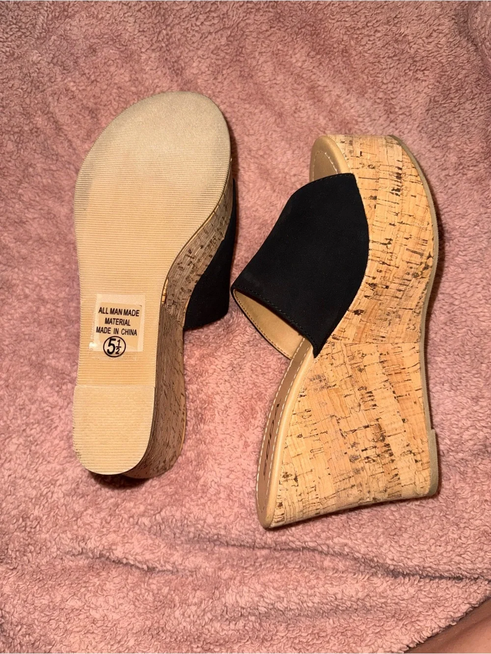 Soda Black Cork Wedge Slide Sandals - Open Toe